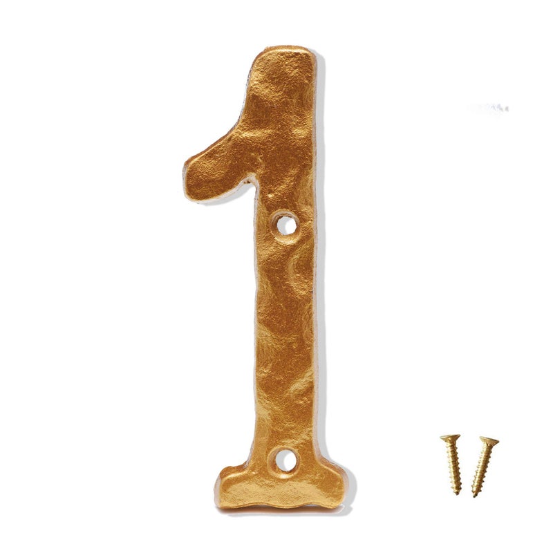DOMG 5.5 Inch House Numbers, Heavy Duty Rustic Cast Iron Metal Home Address Number with Unique Hammered Appearance, Golden, Number 1 - Image 1